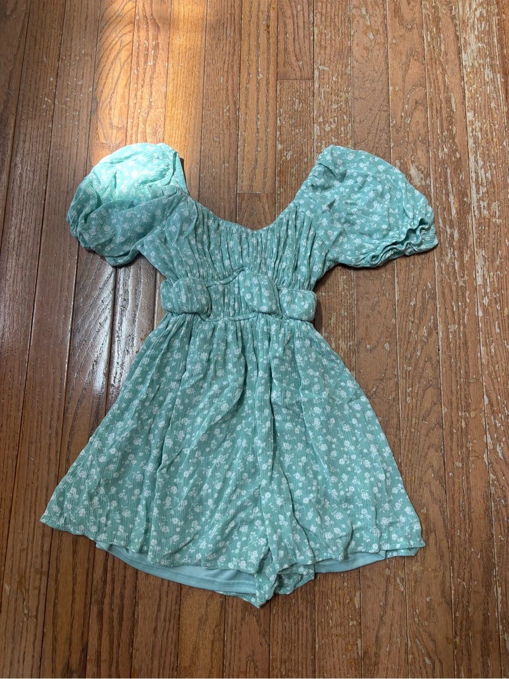 Altar'd State Mint Floral Puff-Sleeve Mini Dress Romper